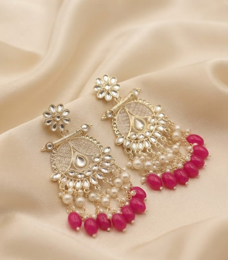 Gold-Plated Traditional Kundan & Pink Bead Drop Earrings for Women and Girls