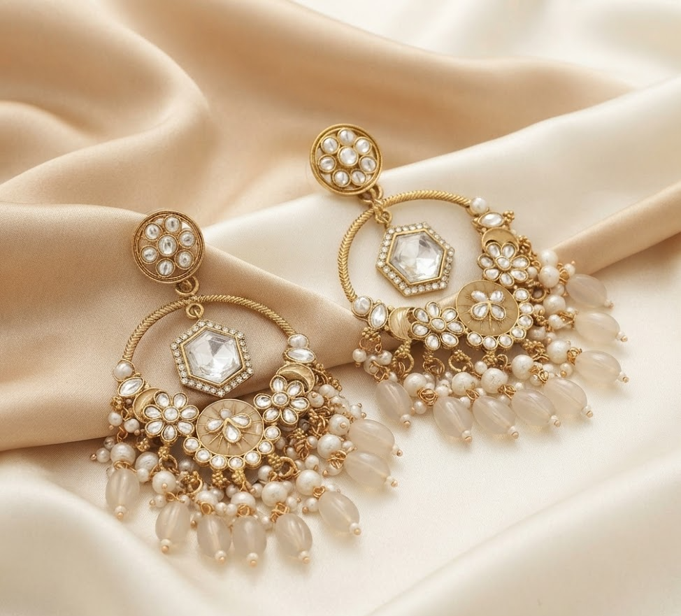 Exquisite Gold-Plated Traditional Kundan and Pearl Hanging Chandbali Earrings for Women
