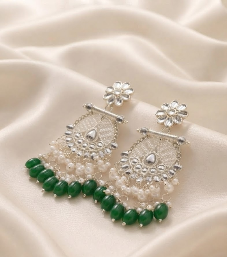 Silver-Plated Kundan and Green Bead Dangler Earrings for Women and Girls