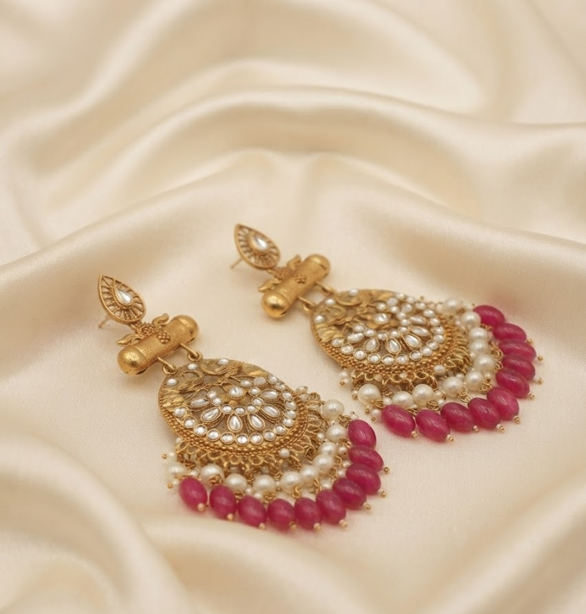 Traditional Gold-Plated Kundan & Pearl Drop Earrings with Ruby Red Beads for Women & Girls