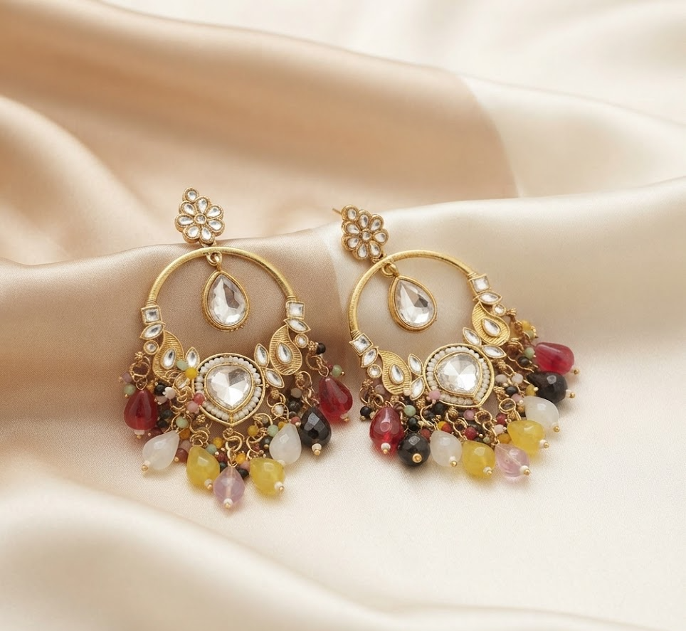 Exquisite Gold-Plated Kundan and Multicolored Beaded Dangle Hoop Earrings for Women