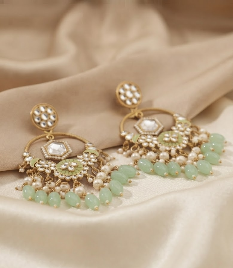 Exquisite Gold-Plated Mint Green & White Kundan Drop Earrings with Pearl Beaded Hangings