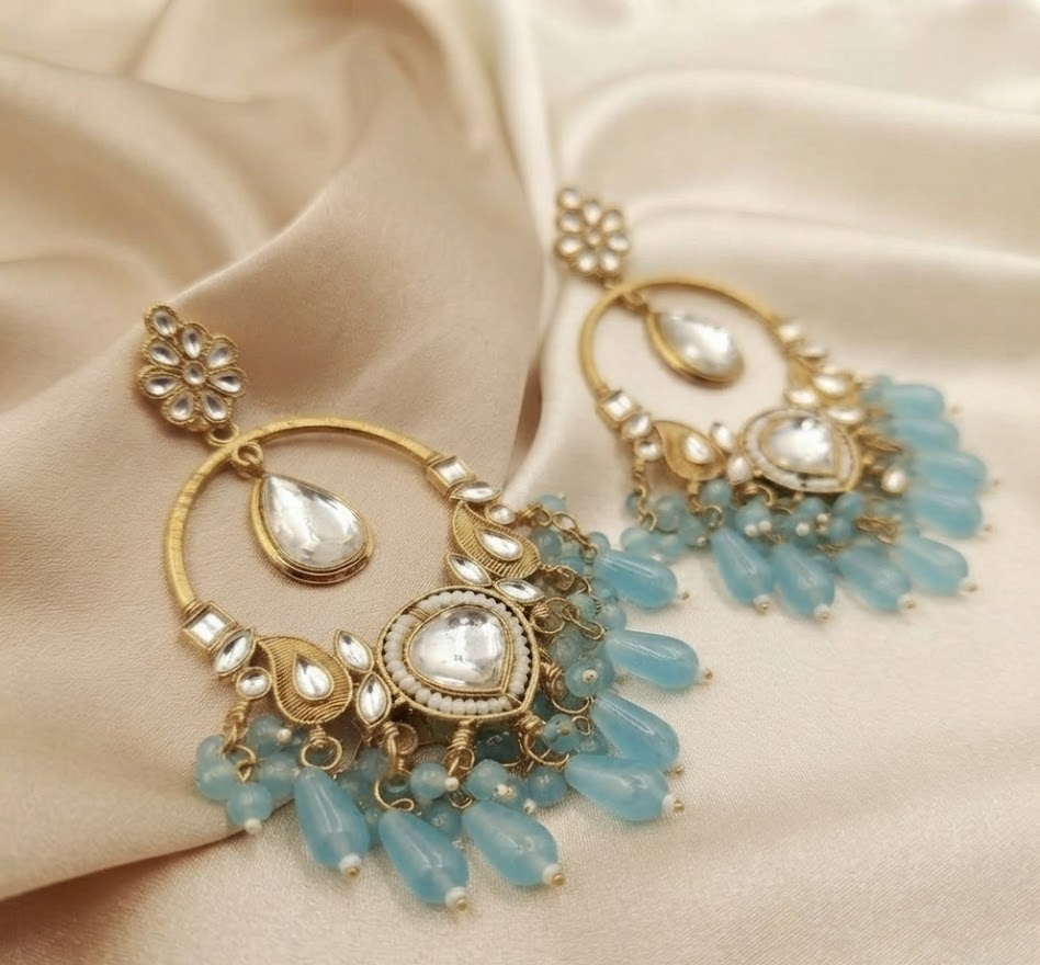 Exquisite Gold-Plated Kundan and Mint Blue Beaded Chandbalis Earrings for Women