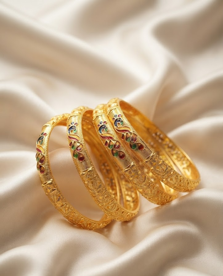 Exquisite Gold-Plated Enamel Peacock Design Bangles Set