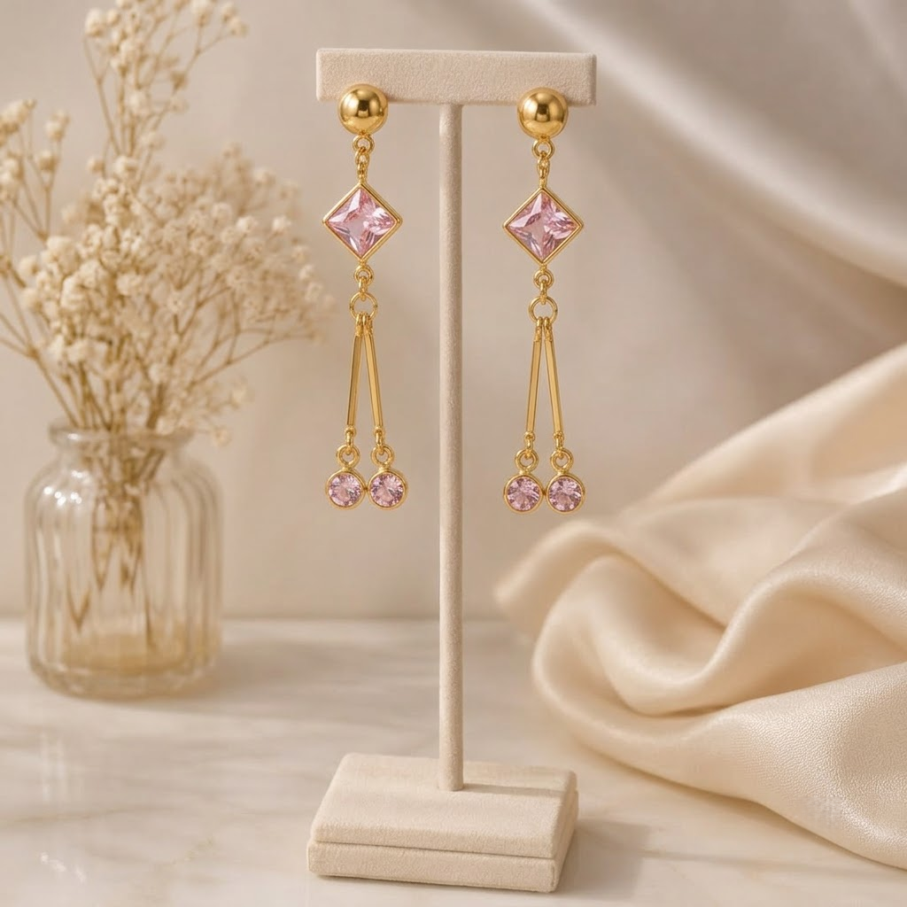 Golden Elegance Pink Crystal Drop Earrings for Women and Girls