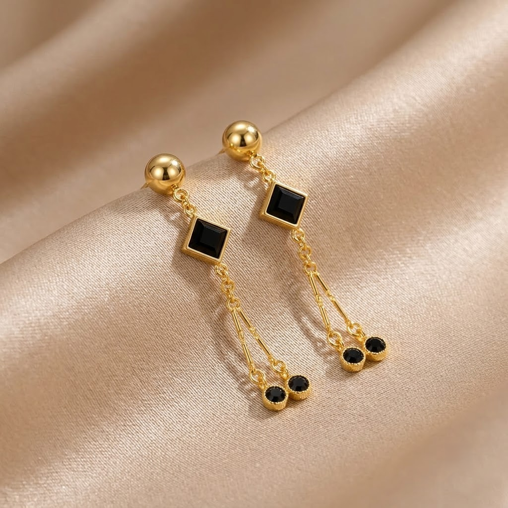 Golden Elegance Black Stone Drop Earrings for Women