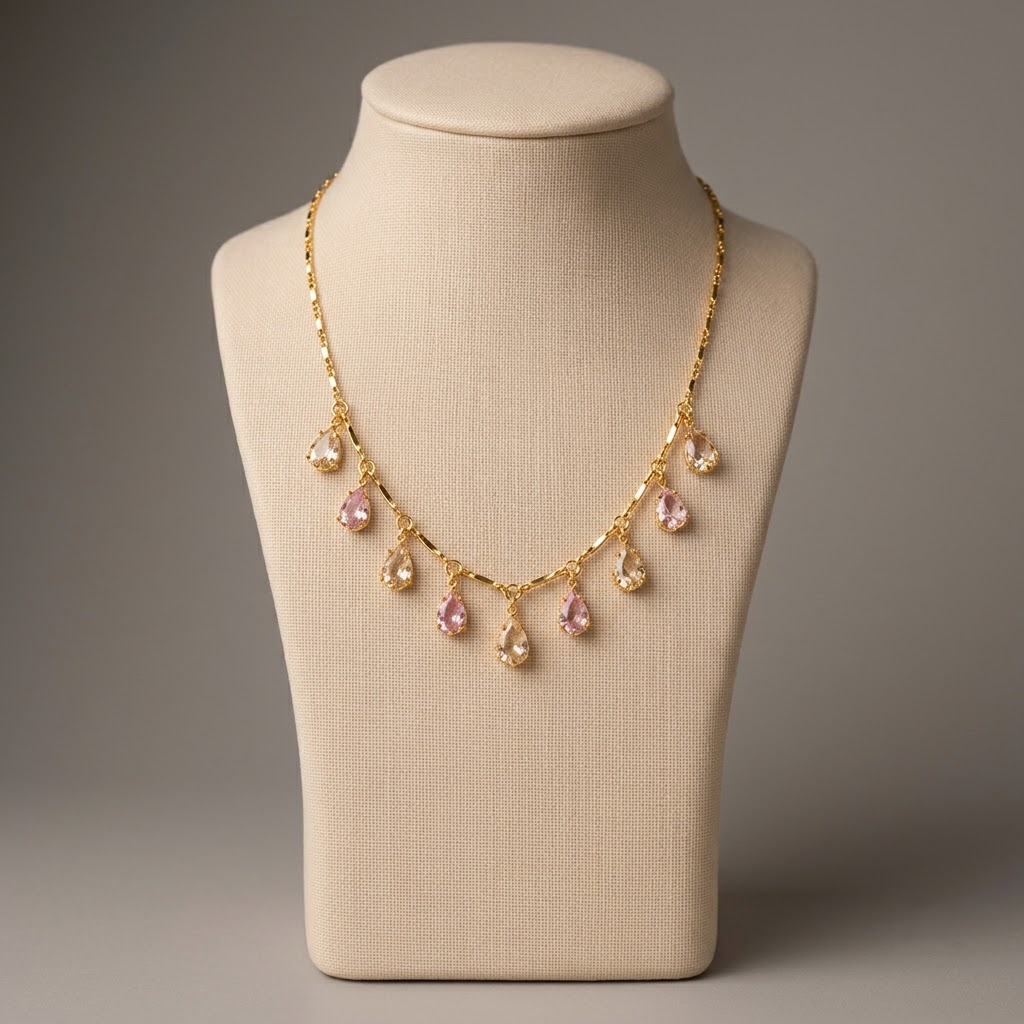 Gold Plated Elegant Drop Necklace with Pink and Clear Teardrop Stones for Women and Girls