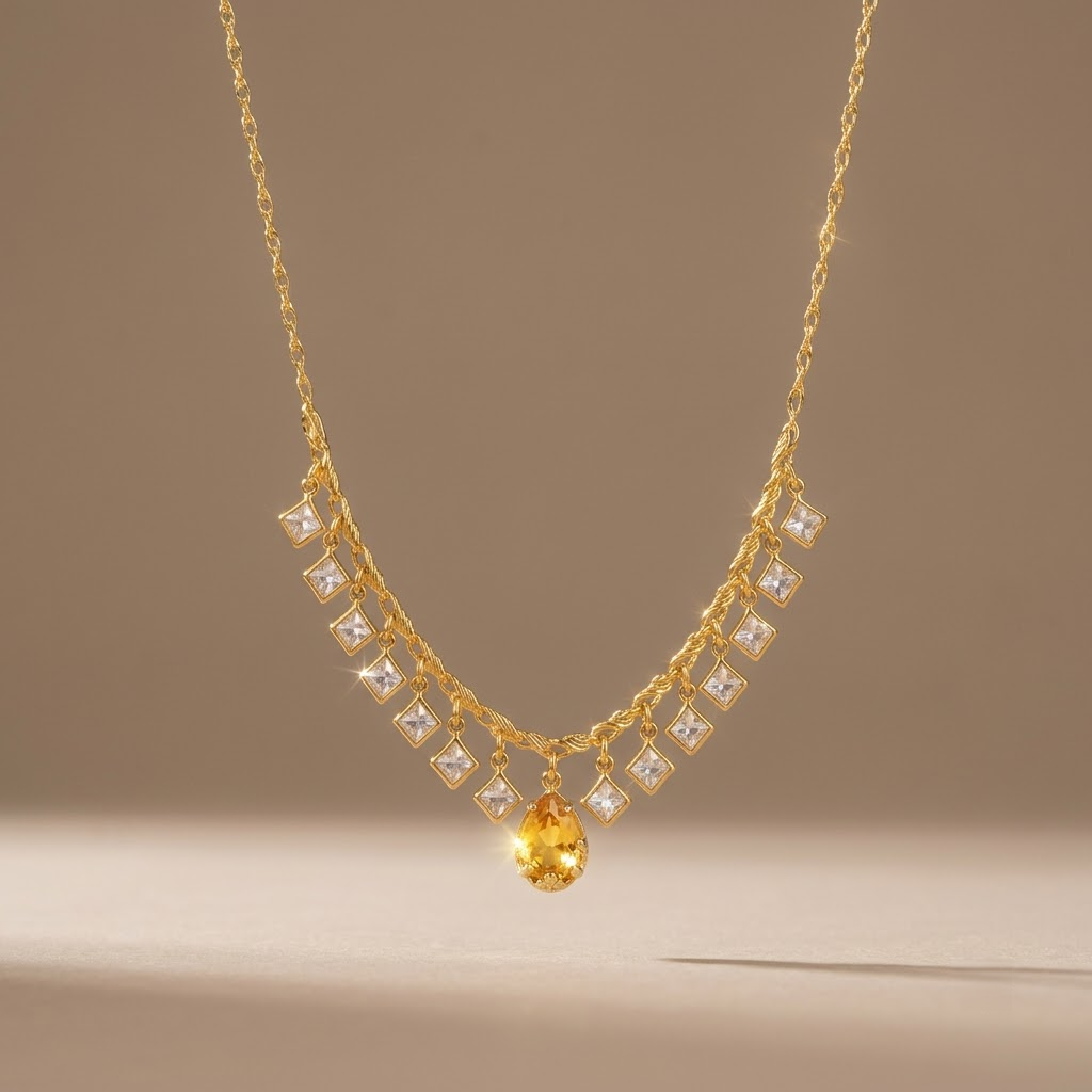 Gold-Plated CZ Stone Drop Necklace with Pear-Shaped Yellow Crystal Centerpiece