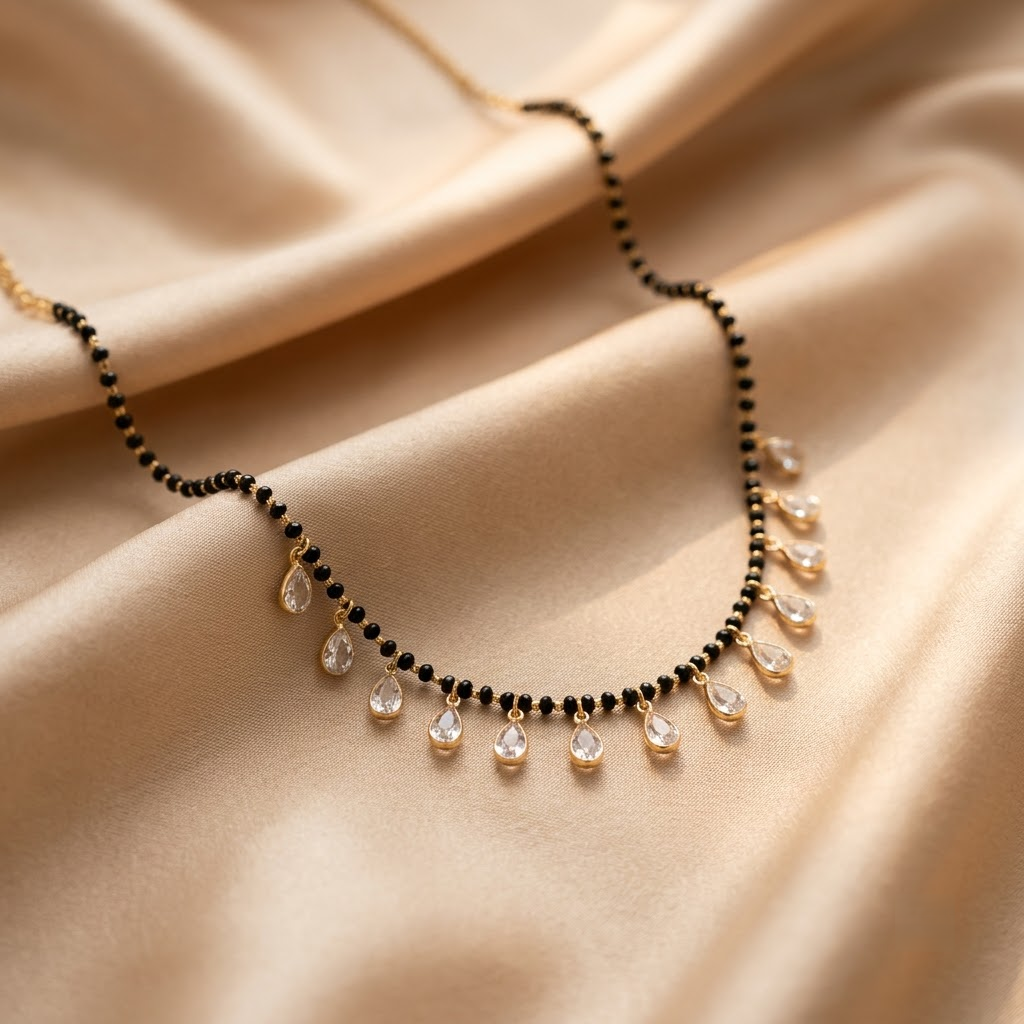 Gold Plated Traditional Black Beaded Mangalsutra with Sparkling Pear-Shaped Crystal Drop Pendants