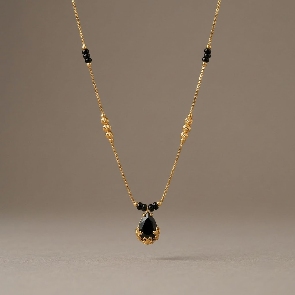 Gold-Plated Black Beaded Mangalsutra with Black Teardrop Stone Pendant