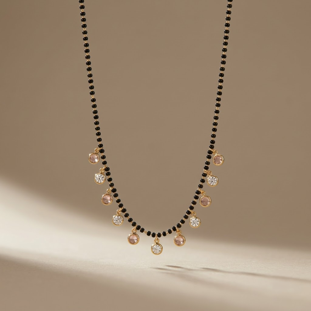 Elegant Gold-Plated Mangalsutra with Alternating Pink and White Crystal Charms