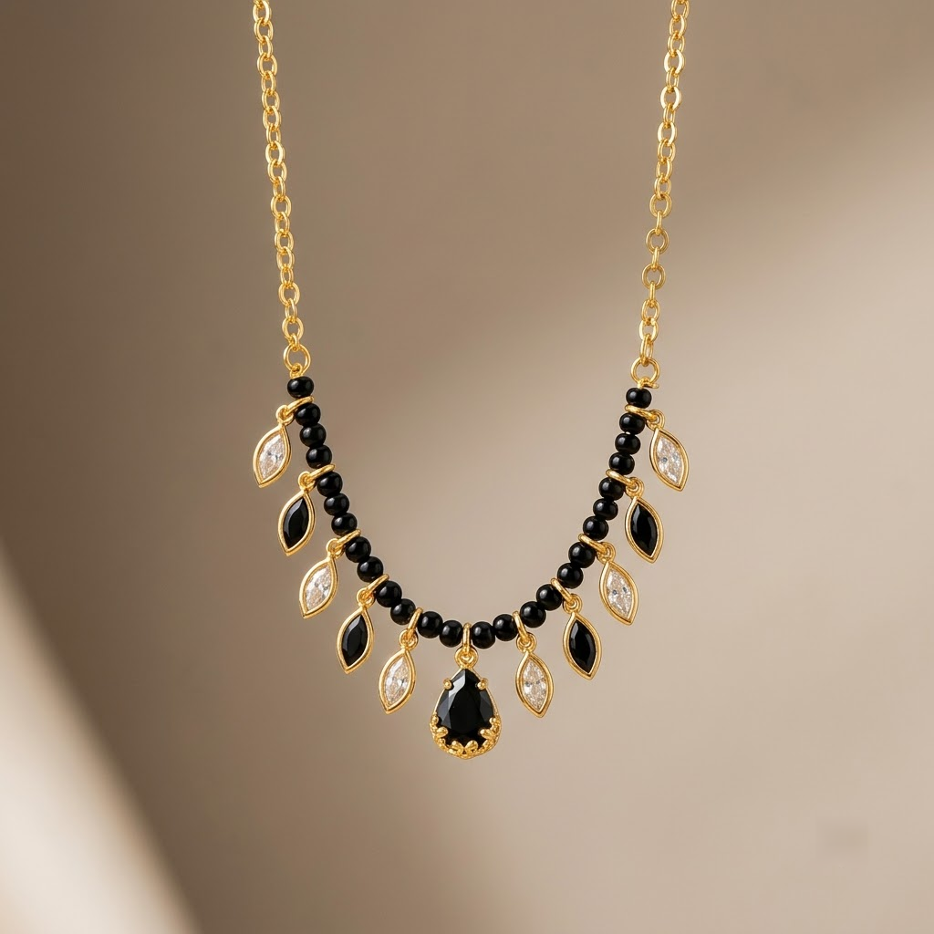 Elegant Gold-Plated Black Beaded Mangalsutra Necklace with Crystal and Black Drop Pendants