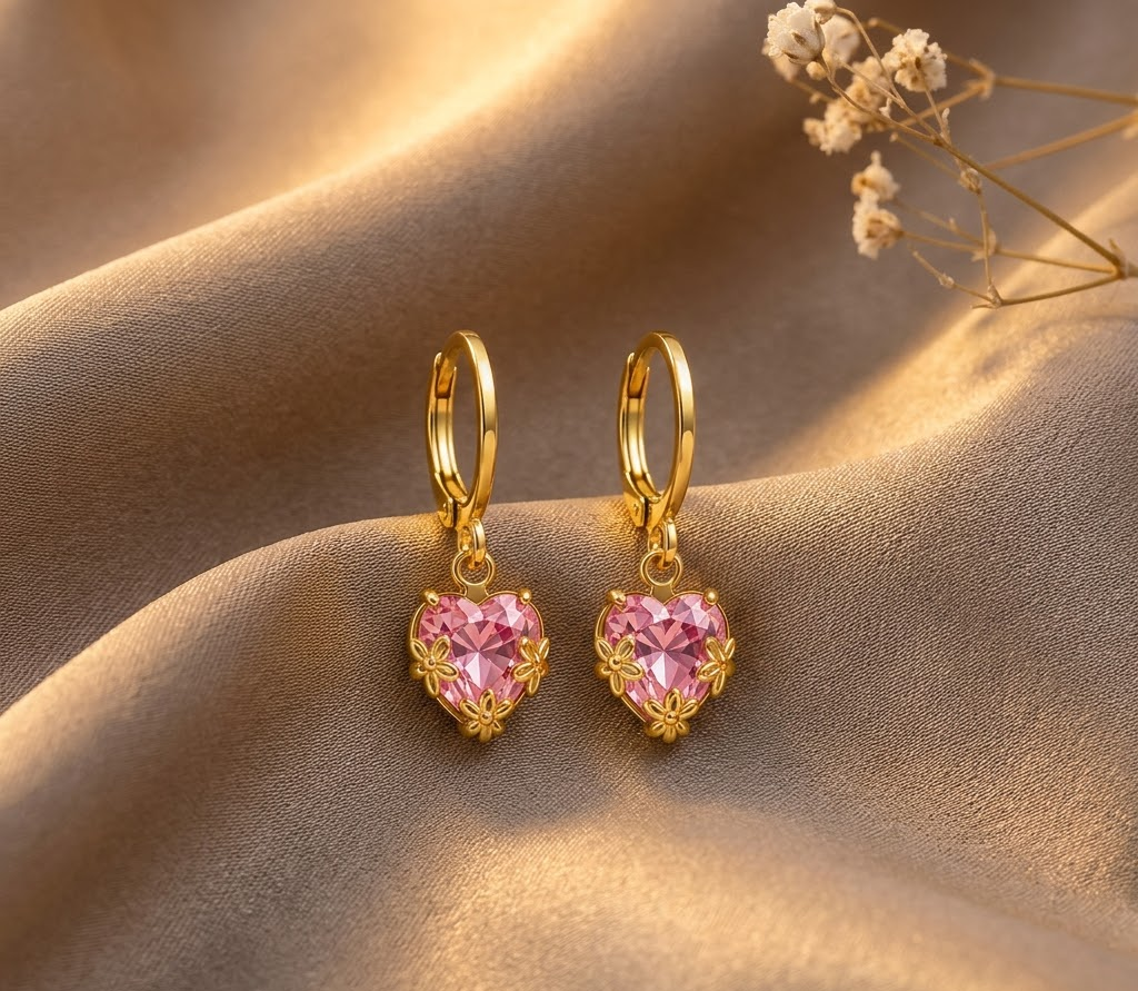Gold-Plated Crystal Heart Huggie Earrings with Delicate Floral Accents (Clear & Pink Set)