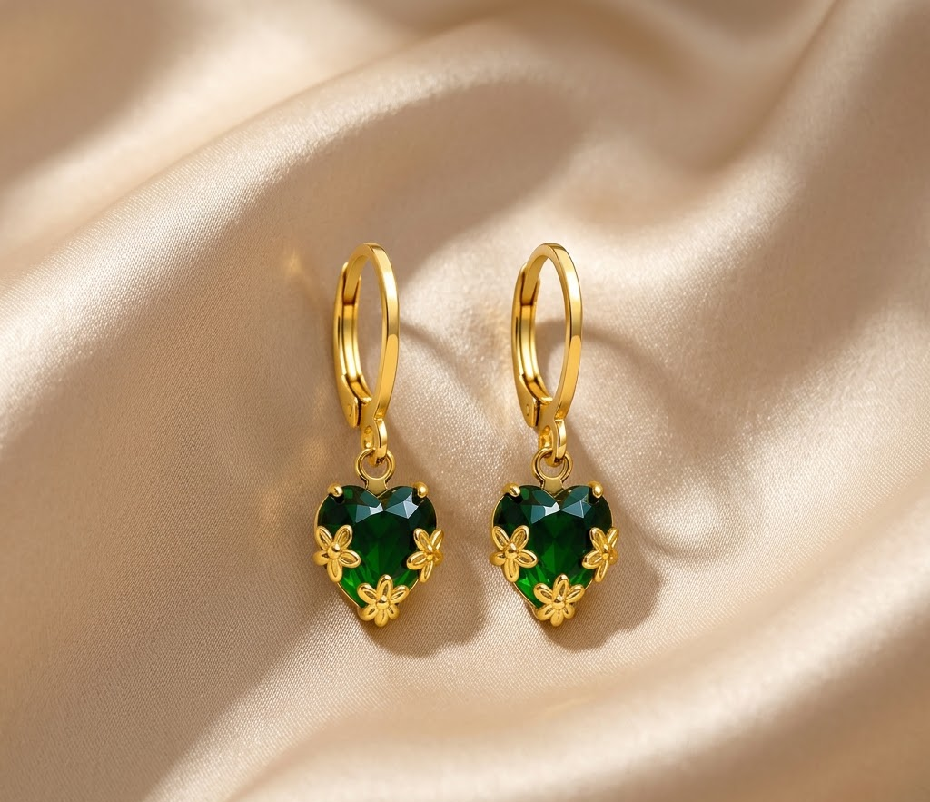 Gold-Plated Dainty White Heart Crystal Huggie Hoop Earrings with Floral Accents