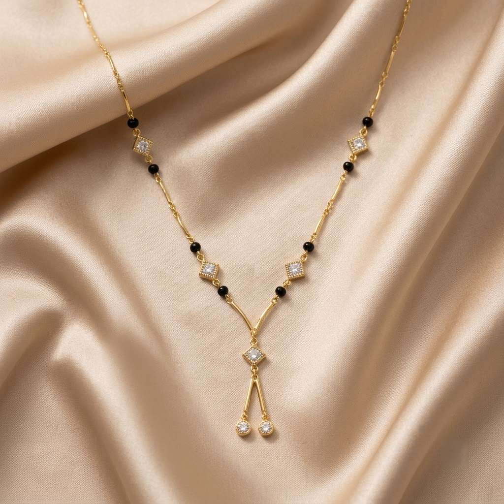 Modern Black Bead & Square Stone Drop Necklace