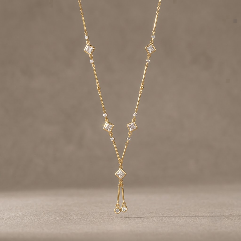 Elegant Gold-Tone Geometric Y-Shape Necklace with Cubic Zirconia