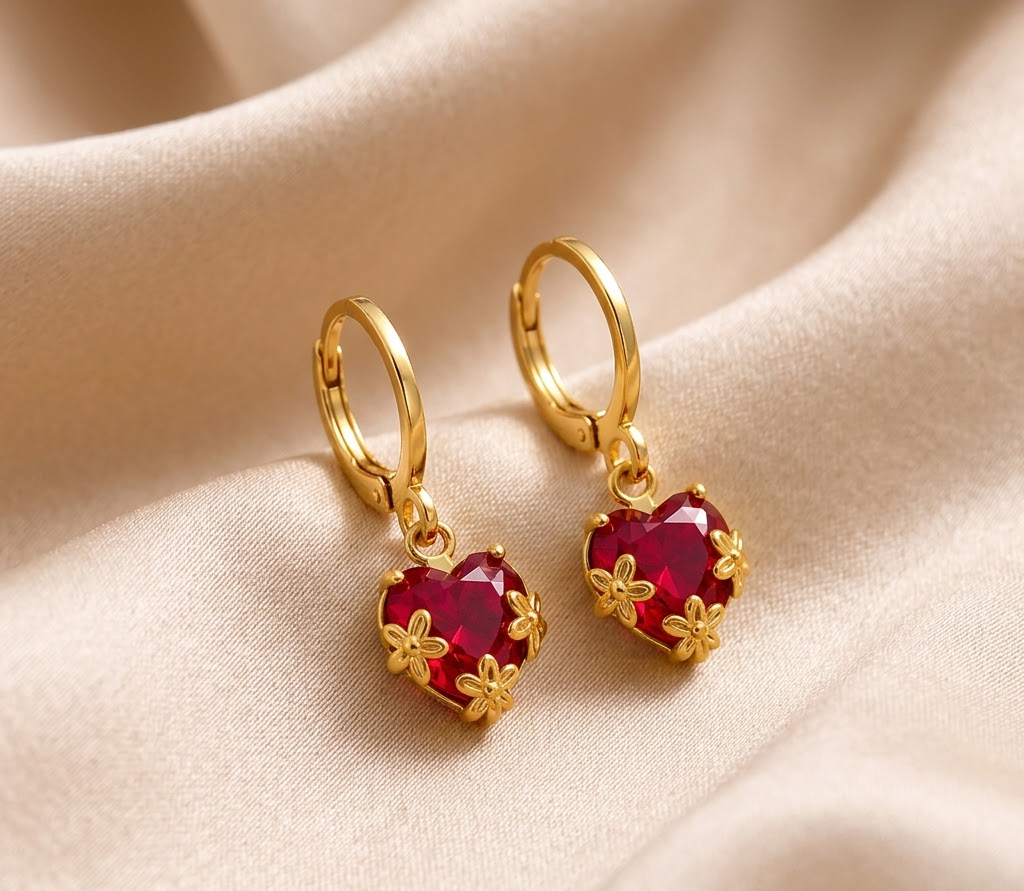 Gold-Plated Crystal Heart Huggie Earrings with Delicate Floral Accents (Black & Ruby Red Set)