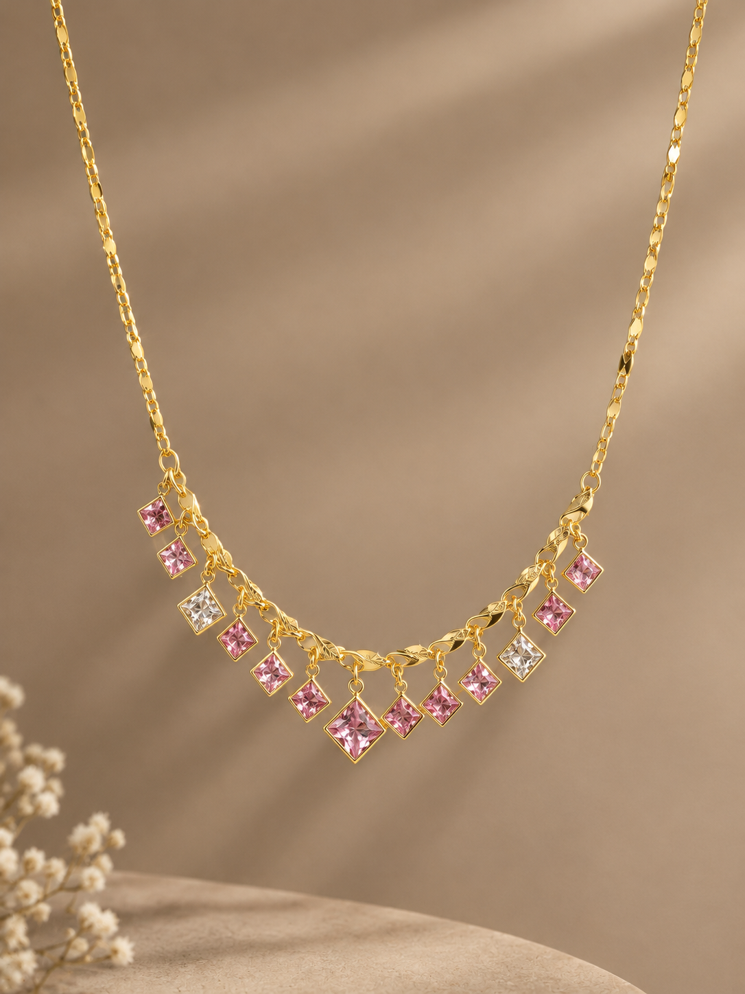 Gold-Plated Cascading Square Stone Necklace with Pink and Clear Crystals