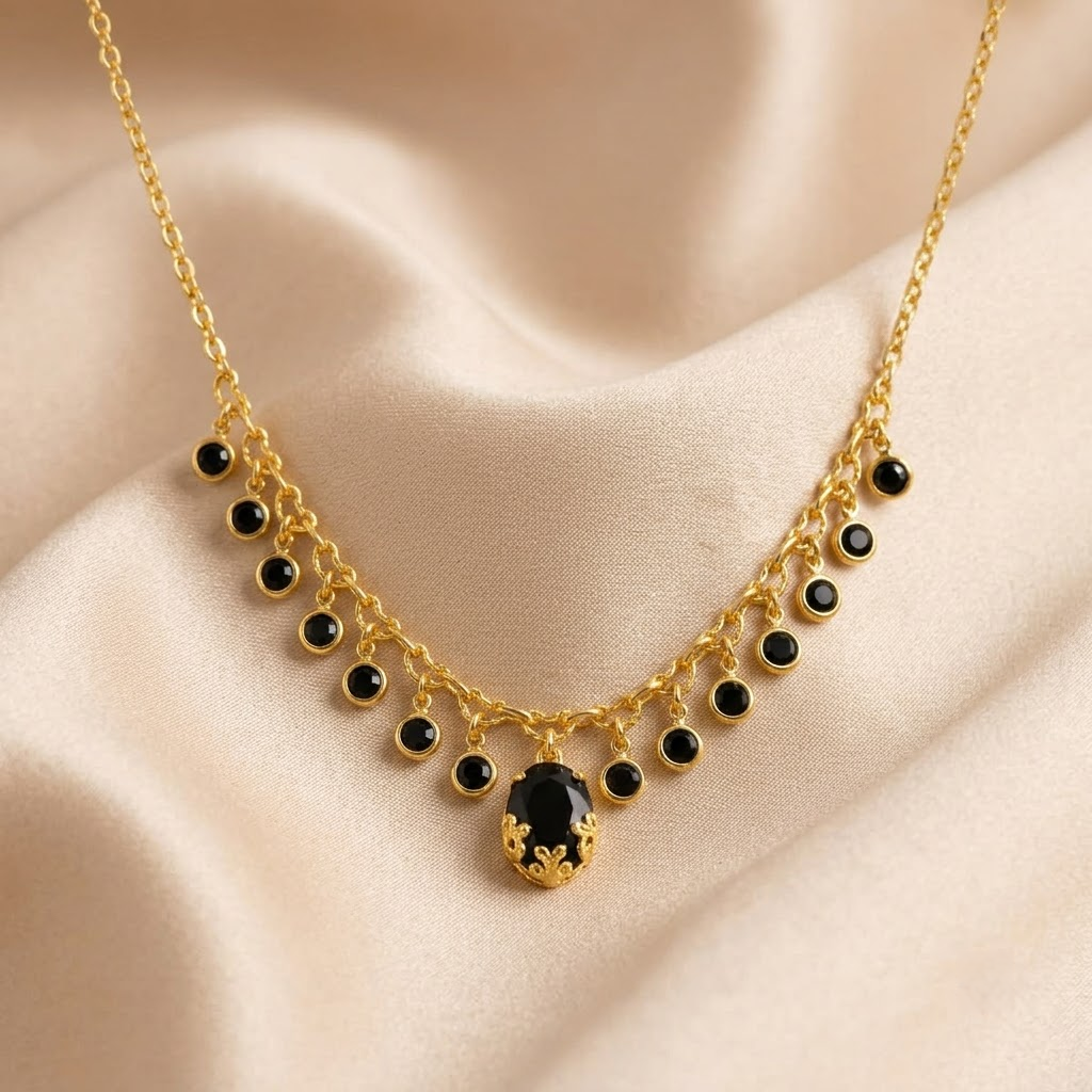 Elegant Gold-Plated Dangle Black Stone Necklace