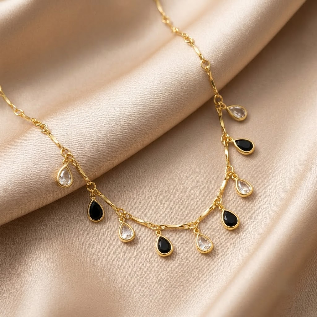 Elegant Gold-Plated Black & Clear Teardrop Charm Necklace