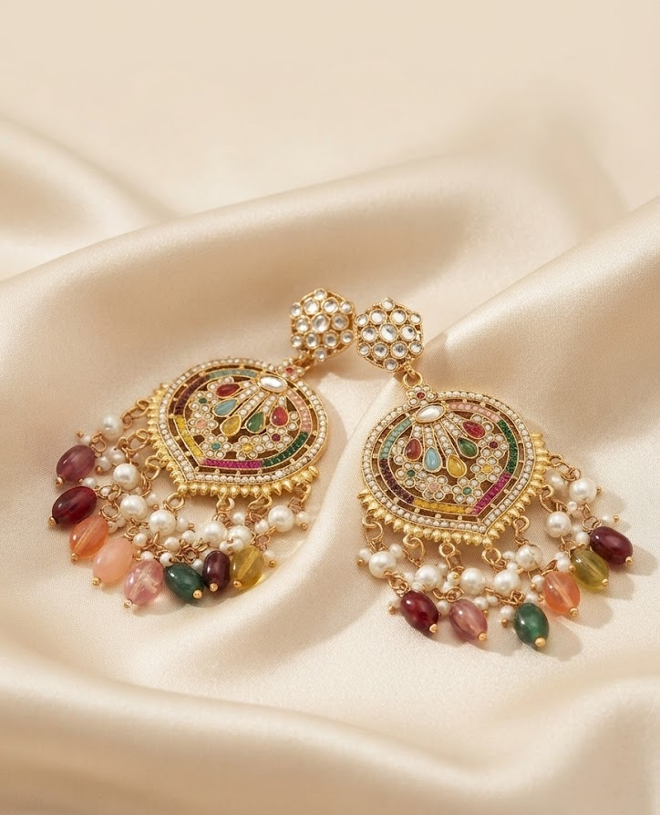 Traditional Gold-Plated Multicolored Kundan & Meenakari Drop Earrings with Pearl and Bead Hangings for Women