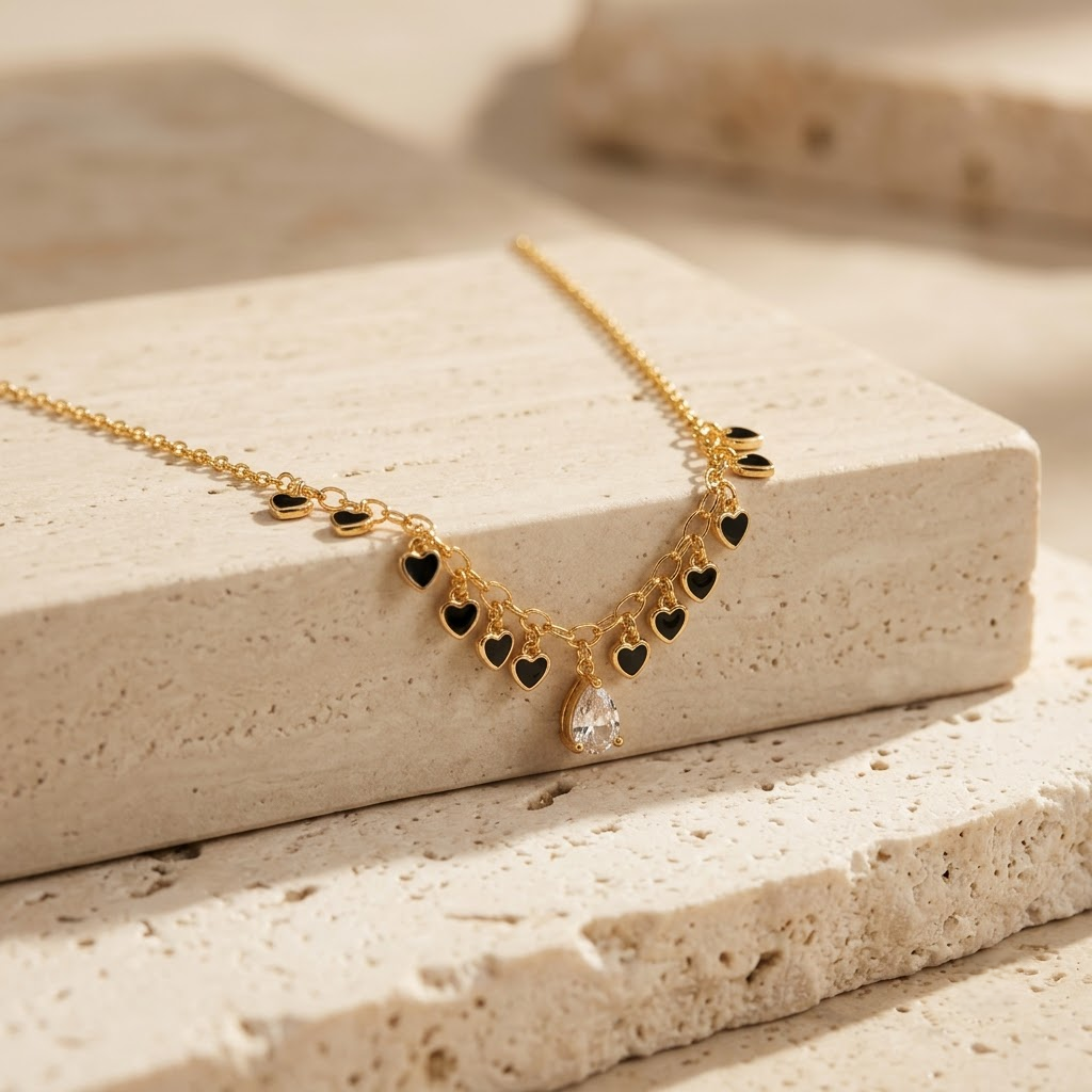 Gold-Plated Black Heart Charm Necklace with Teardrop Crystal Pendant