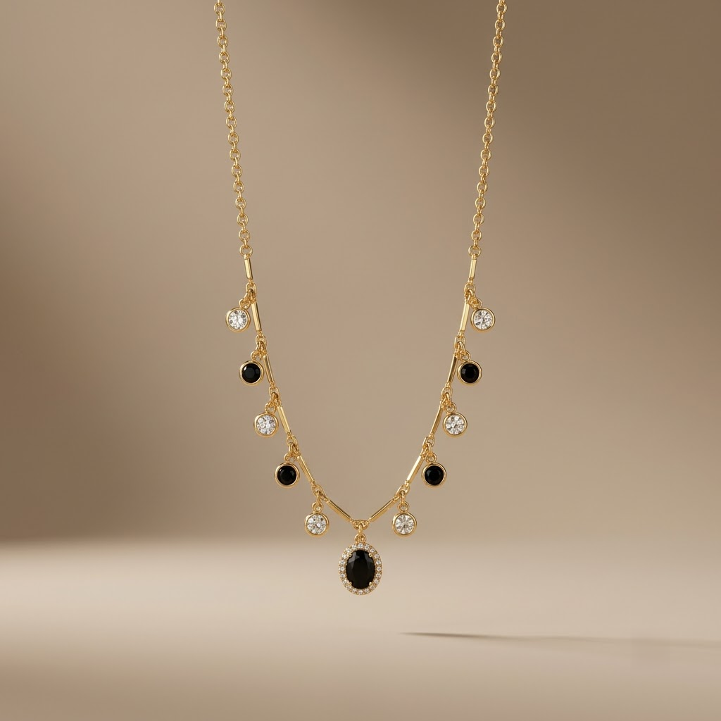 Elegant Gold-Plated Oval Black & White Stone Dangle Necklace