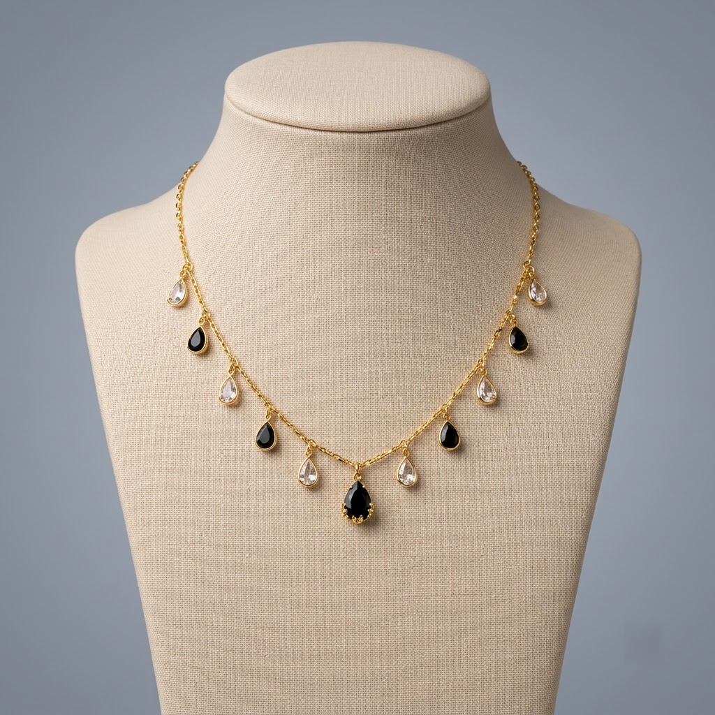 Elegant Gold-Plated Alternating Black & Clear Teardrop Charm Necklace
