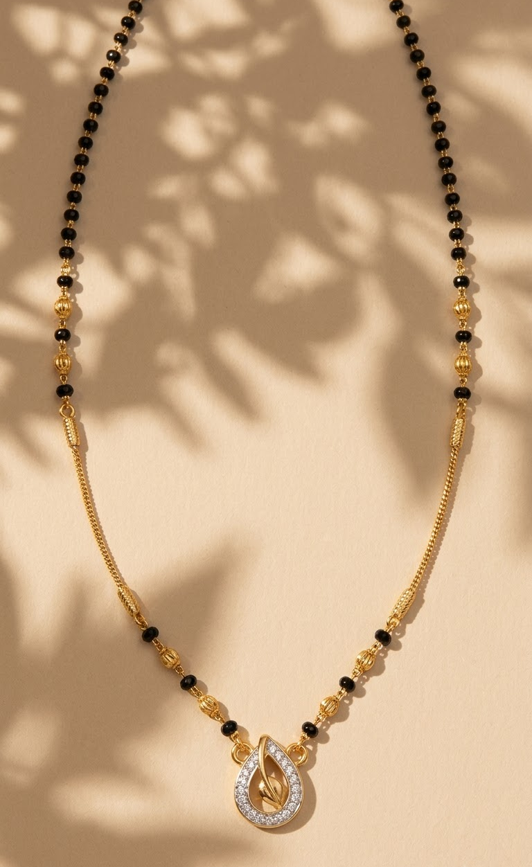 Elegantly Crafted Diamond-Accent Teardrop Mangalsutra in Gold and Black Beads