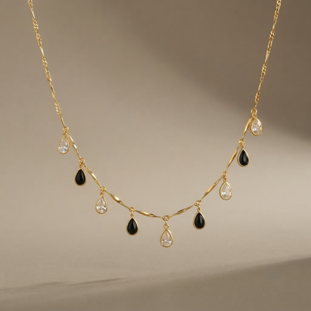 Gold-Plated Chic Teardrop Dangle Necklace with Black and Clear Stone Drops