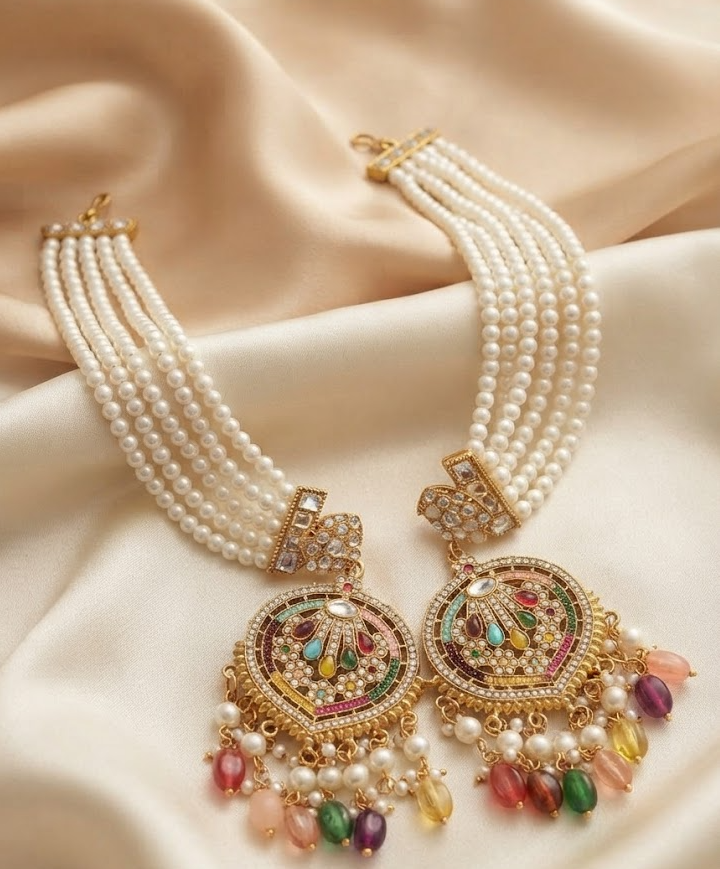 Gold-Plated Traditional Kundan & Multi-Color Bead Earring with Multi-Strand Pearl Ear Chain (Sahara) for Women