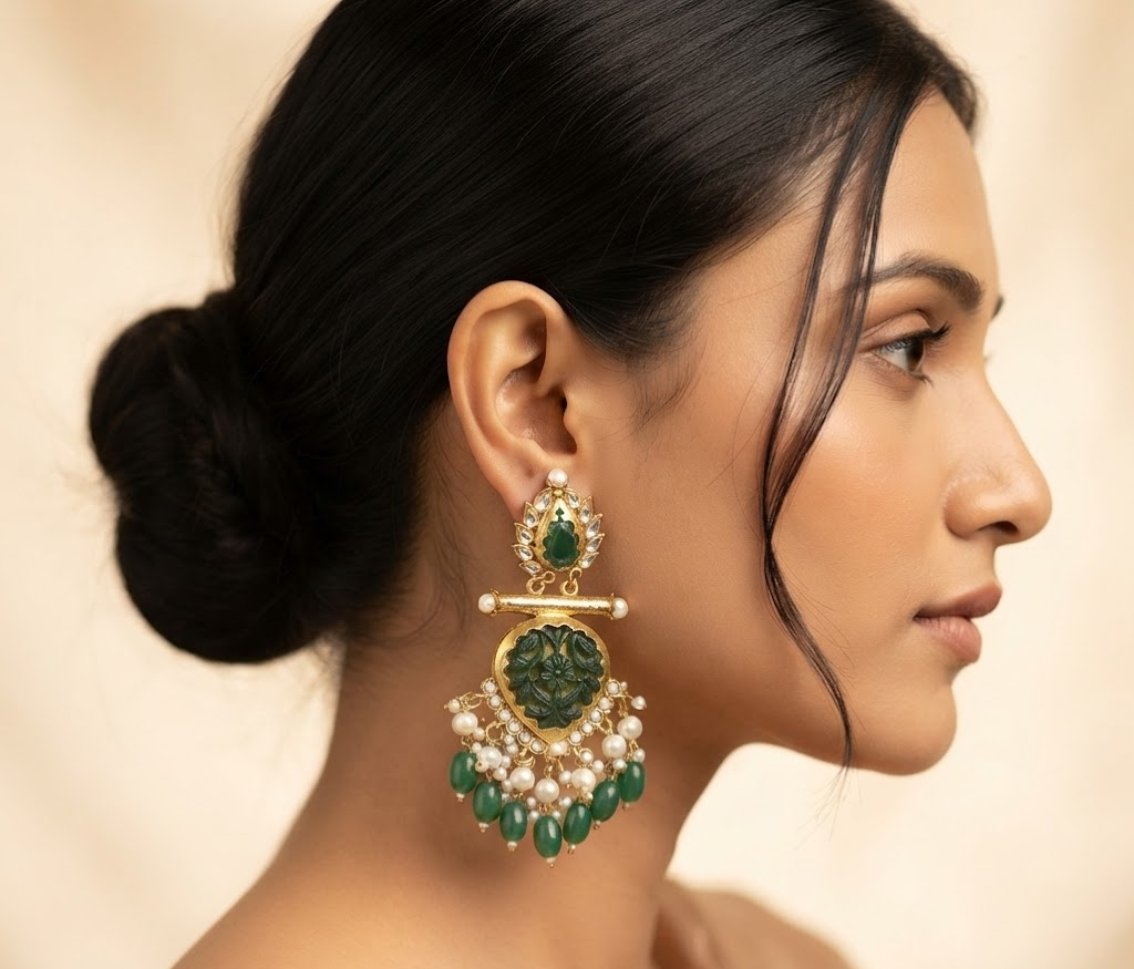 Traditional Gold-Plated Green Carved Stone Kundan Dangler Earrings with Pearl & Bead Drops for Women