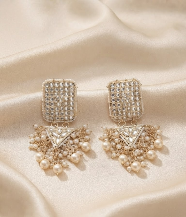 Gold-Plated Handcrafted Kundan & Pearl Drop Statement Earrings for Women