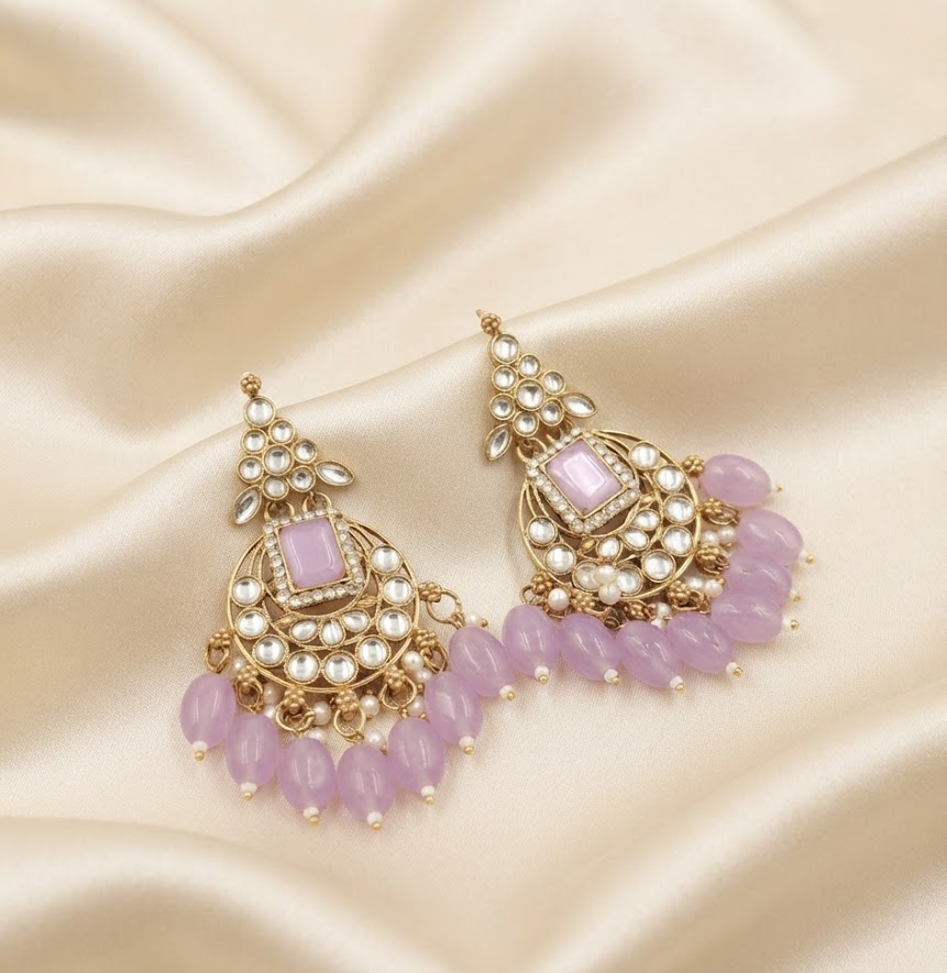 Gold-Plated Lavender Kundan Chandbali Earrings with Pastel Purple Bead Drops for Women