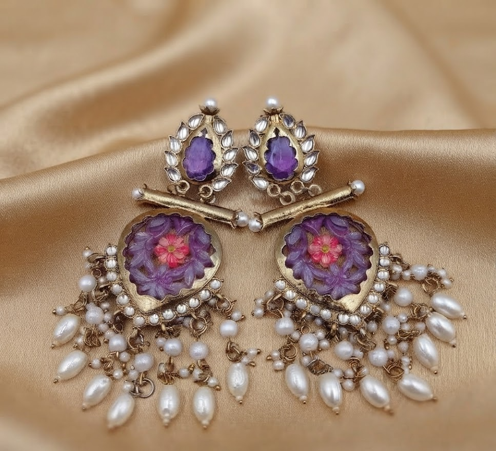 Gold-Plated Purple Carved Stone Kundan Drop Earrings with Pearl Hangings for Women