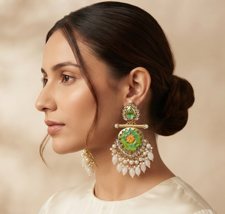 Gold-Plated Floral Meenakari Drop Earrings with Kundan Stud and Hanging Pearl Beads for Women
