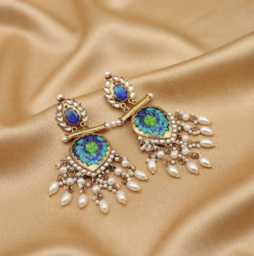 Gold-Plated Blue & Green Floral Meenakari Drop Earrings with Kundan & Pearl Drops