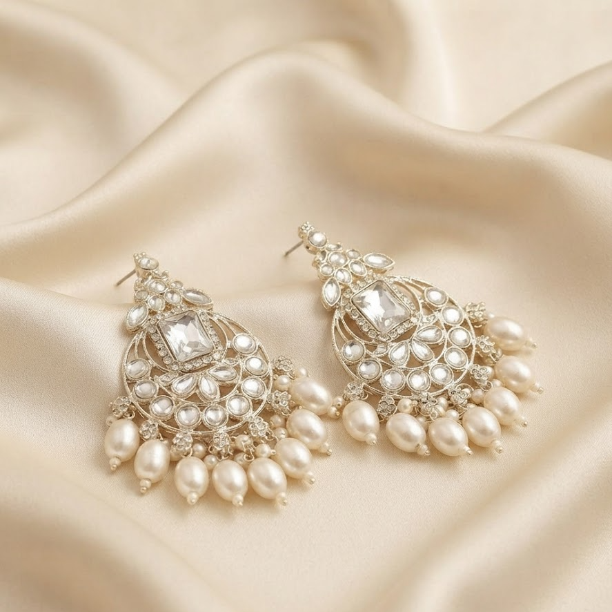Ethnic Silver-Toned Kundan Chandbali Earrings with Faux Pearl Drops for Women