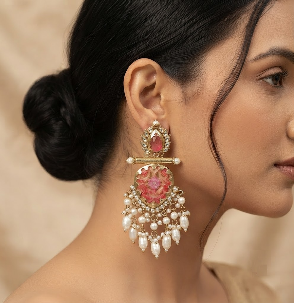 Gold-Plated Pink Carved Stone & Kundan Dangler Earrings with Pearl Drops