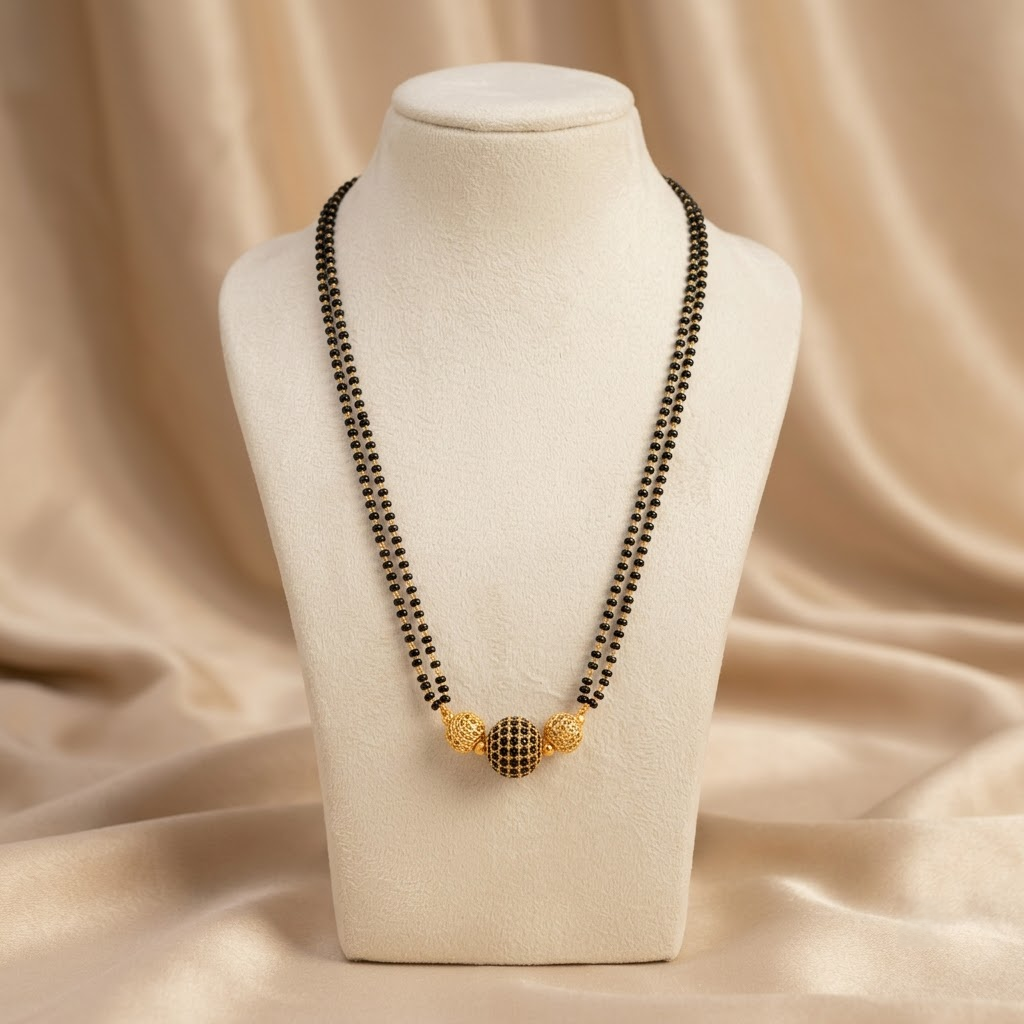 Gold-Plated Double Line Black Bead Mangalsutra