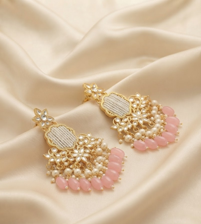 Gold-Plated Kundan Floral Drop Earrings with White Seed Pearl Work and Pastel Pink Beads