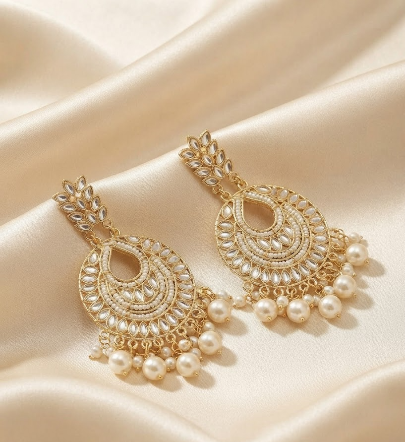 Traditional Gold Tone Kundan Stone & Pearl Cluster Drop Earrings