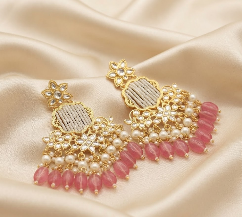 Gold Plated Kundan & Pearl Chandelier Earrings with Pink Bead Drops