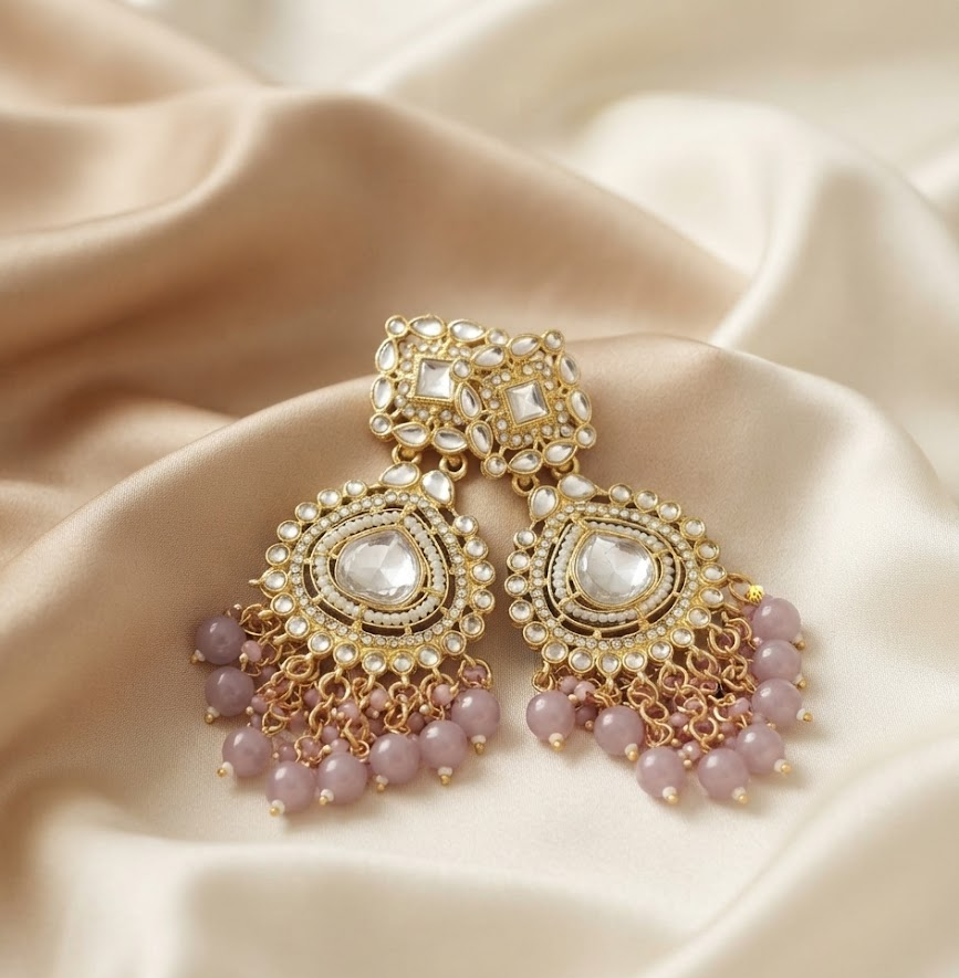 Gold-Toned Kundan & Pastel Purple Beaded Statement Chandelier Earrings