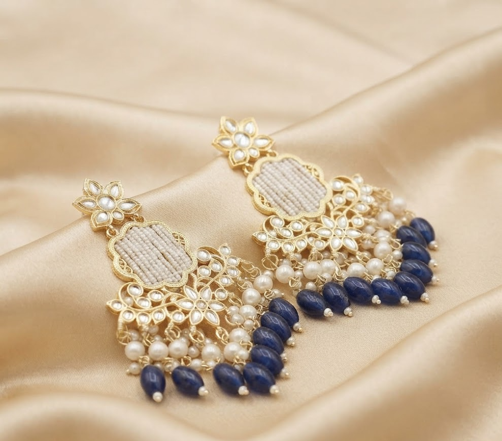 Royal Blue & Pearl Woven Kundan Dangle Earrings