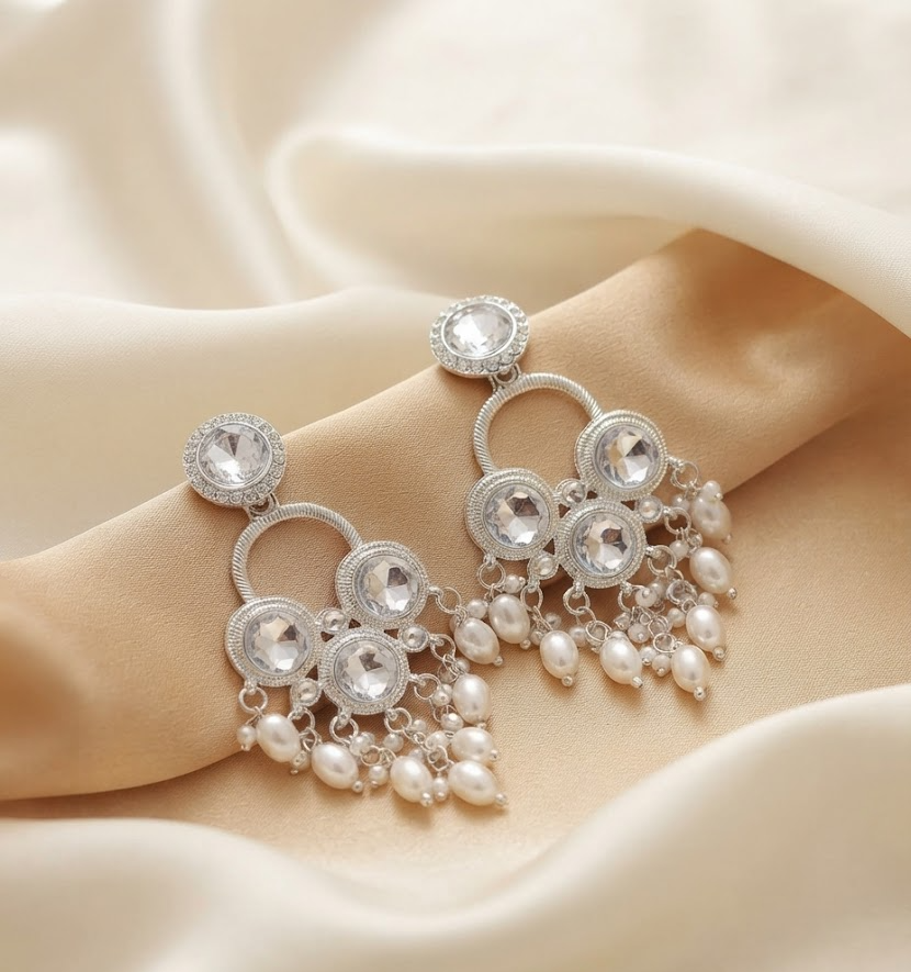Exquisite Silver-Plated Sparkling Stone and Pearl Drop Dangle Earrings for Women and Girls
