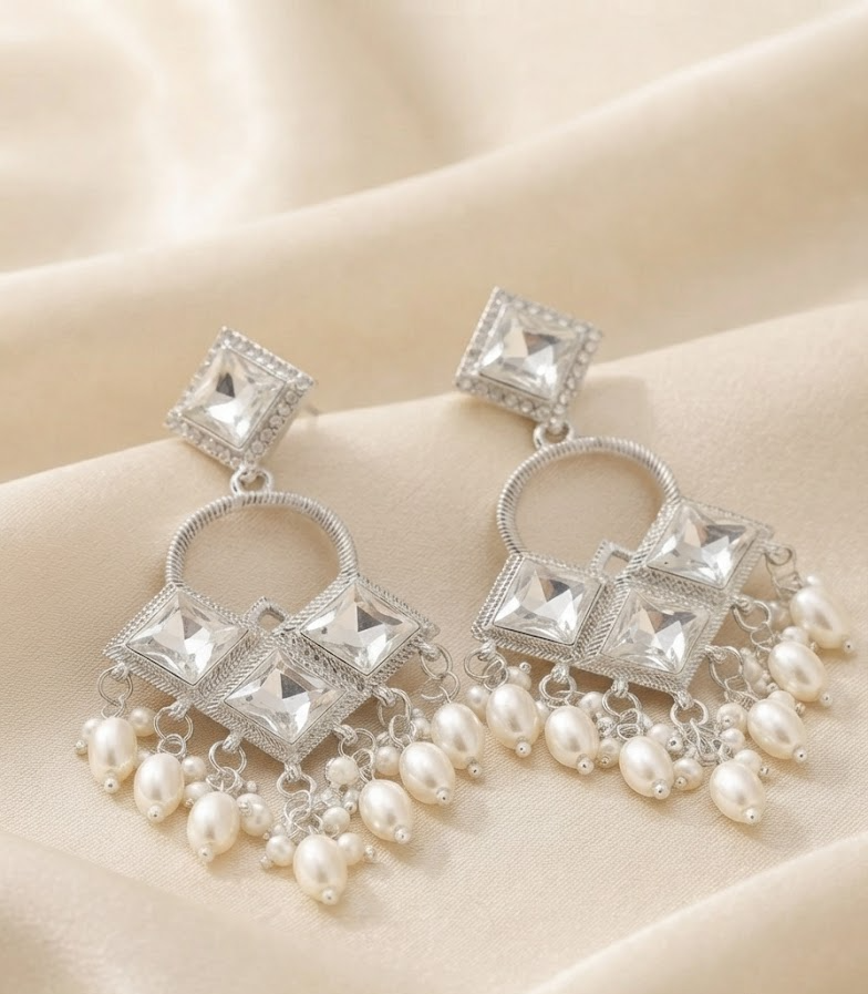 Silver-Plated Geometric Crystal and Pearl Dangle Earrings