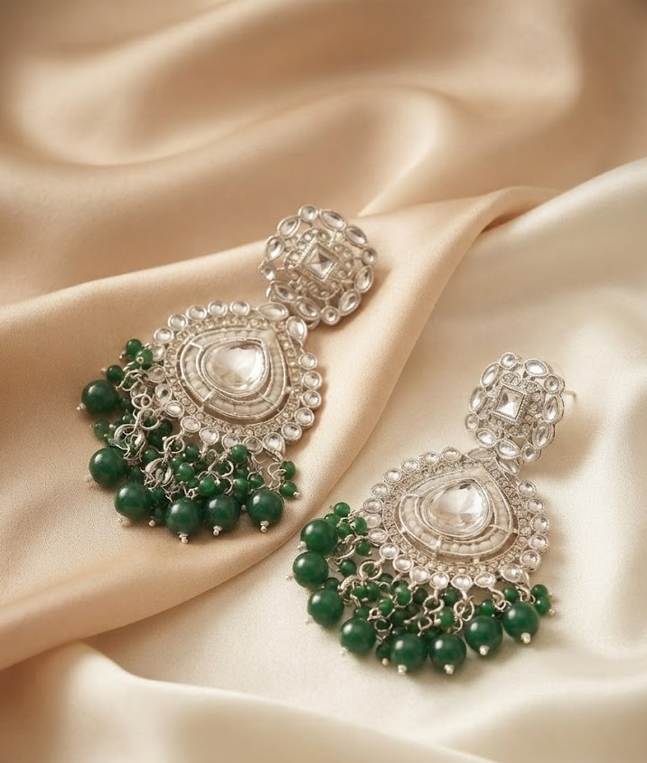 Green Beaded Ethnic Stone Studded Drop Earrings