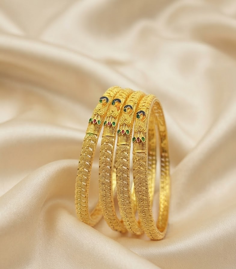 Exquisite Gold-Plated Textured Bangles with Peacock Meenakari Work (Set of 4)