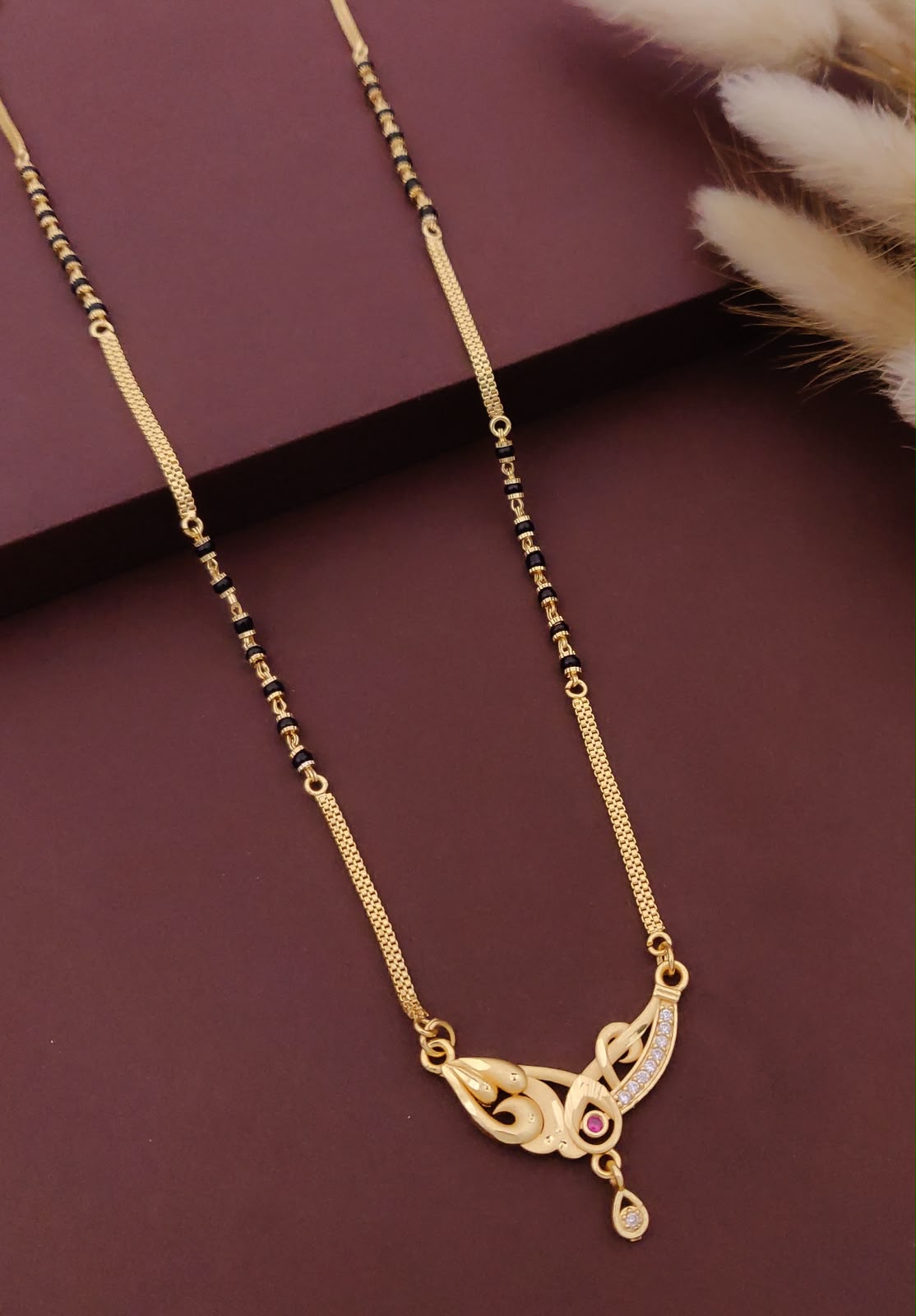 18 Inch Short Mangalsutra for Women | Gold Plated Designer Mangalsutra with Pink Stone Pendant & Black Beads | Stylish Daily Wear Mangalsutra – VIHAL ORNAMENTS